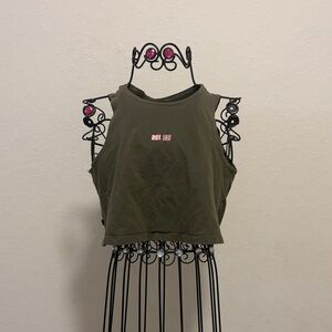 Olive Green Cropped Tank Top with Pink Accent